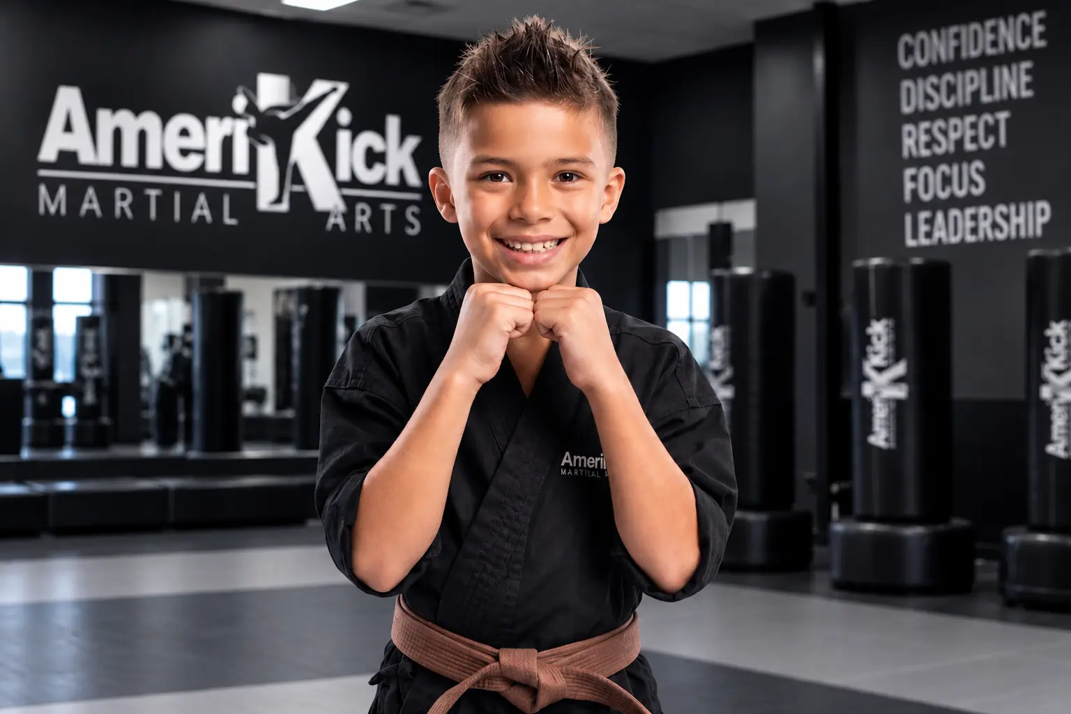 A confident young AmeriKick student ready to train