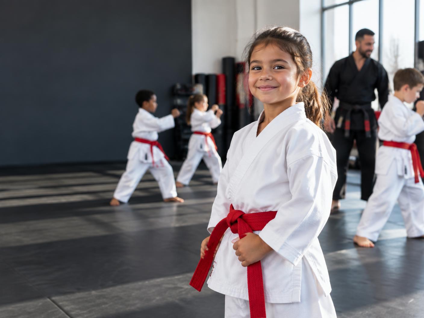 A confident young martial arts student smiling after class